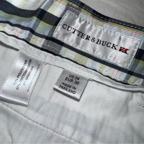 Cutter & Buck CB Men's Flat Front Plaid White Black Green Sz 34 Inseam 9.5" - Picture 5 of 5